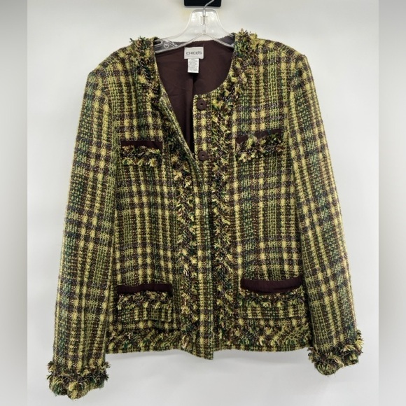 Chico’s blazer size L 12 green brown plaid tweed metallic jacket (Chico’s 2) - Picture 1 of 13